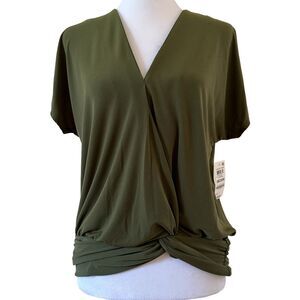 INC Women’s V-Neck Twist Front Short Sleeves Blouse Olive Green Size M NWT